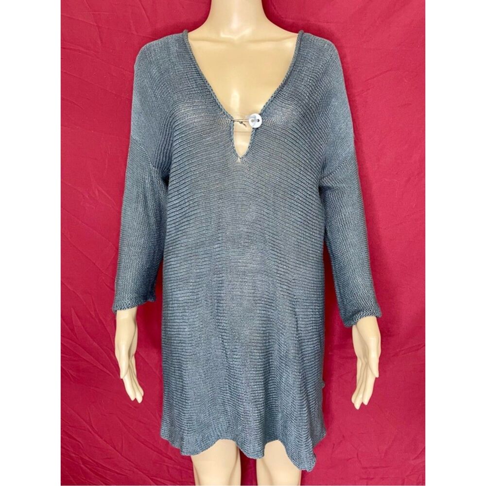 Skif Wearable Art Gray Knit V Neck Tunic / Mini Dress OSFM XS - Large NWOT